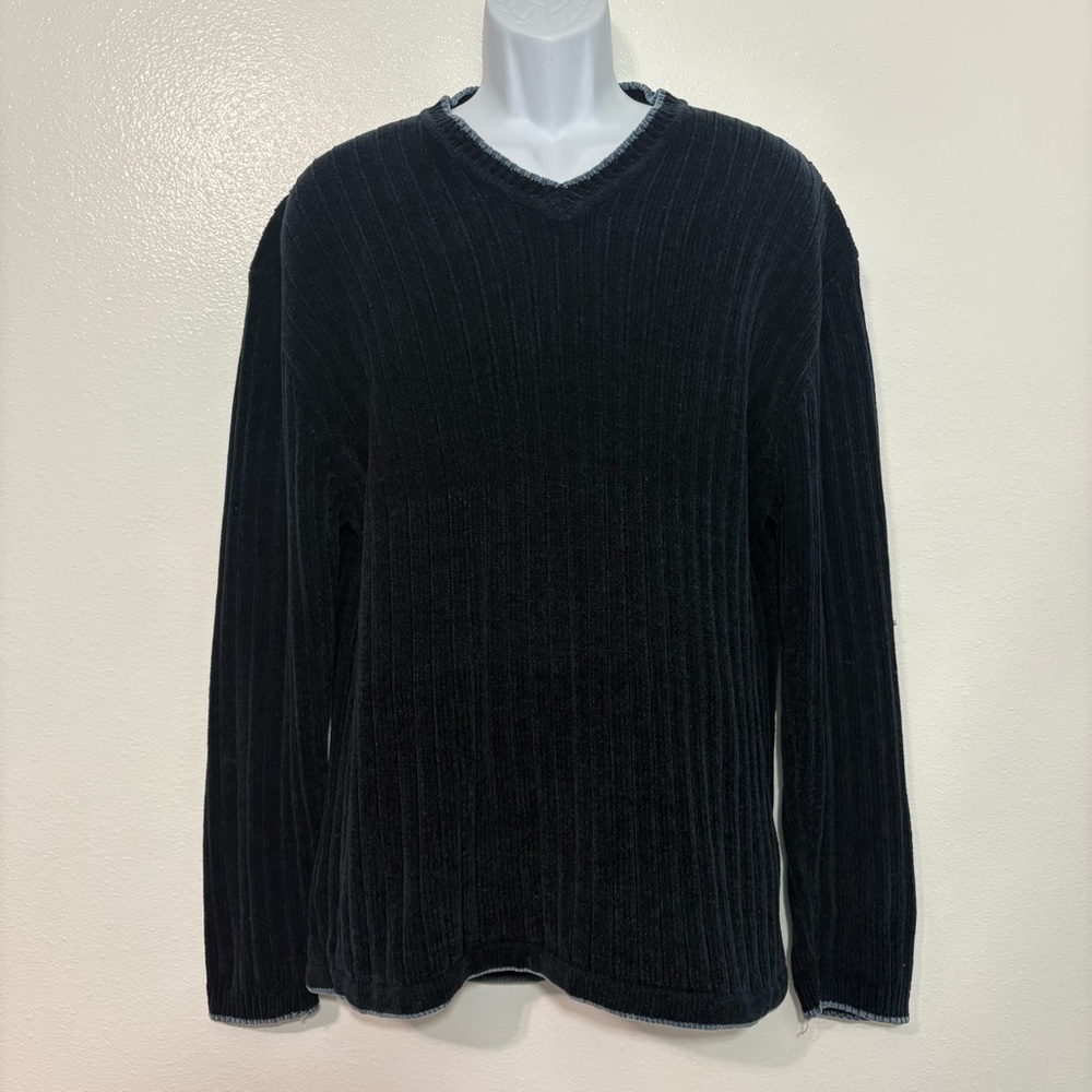 Vintage Industrial Exchange Navy Ribbed V-Neck Sweater SzM Made in Korea Y2K